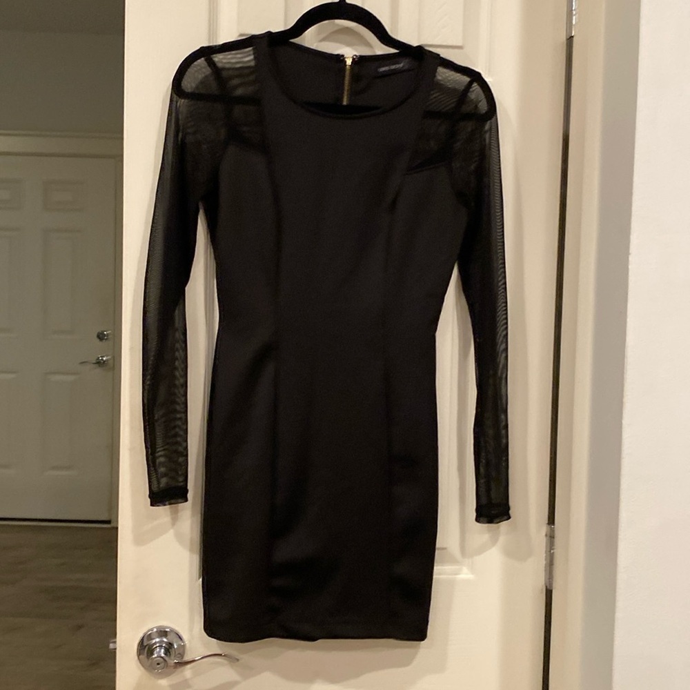 Long-sleeve, Black Mini Dress, with Sheer Sleeves from Level 8, size M